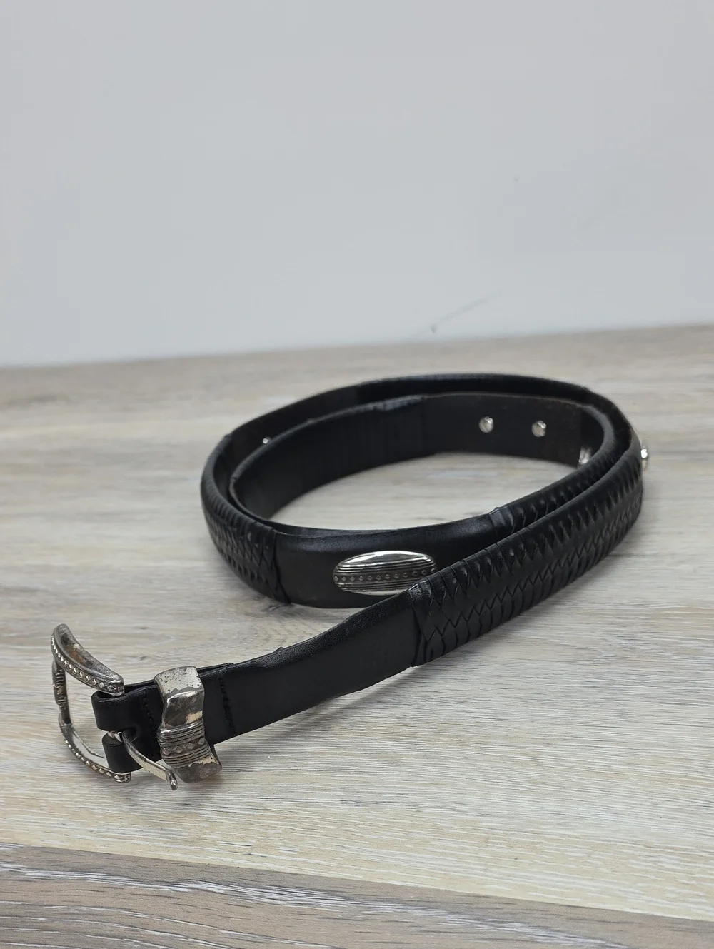 Brighton Onyx Black Leather Belt w/ woven Design & Silver Accents & Buckle 56